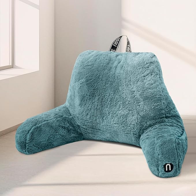 Nestl Fur Reading Pillow, Stylish Back Pillow for Bed Sitting Up, Faux Fur Bed Chair Pillow with Arms, Reading Pillows for Sitting in Bed Adult & Kids, Back Support Pillow for Bed Rest - Stone Blue