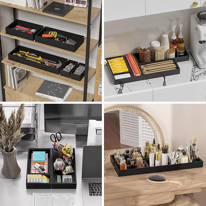 Lixple Bamboo Drawer Organizer, Narrow Silverware Organizer for Kitchen, Stackable Utensil Organizer, 2 Pcs Flatware Organizer, Wooden Storage Box Tray (Black, 12 X 3 X 2 Inch)