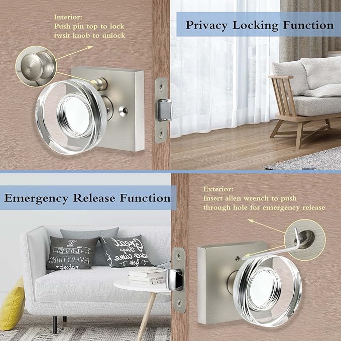 Coolnews Crystal Door Knobs with Lock, Satin Nickel Finish for Bathroom & Bedroom Privacy