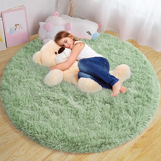 Xexsin Round Fluffy for Bedroom Rugs, 4Ft Sage Green Shag Circle Rug Non-Slip for Kids Girls Boys Bedroom Dorm Nursery Playroom, Soft Cute Area Rugs for Living Room Decor