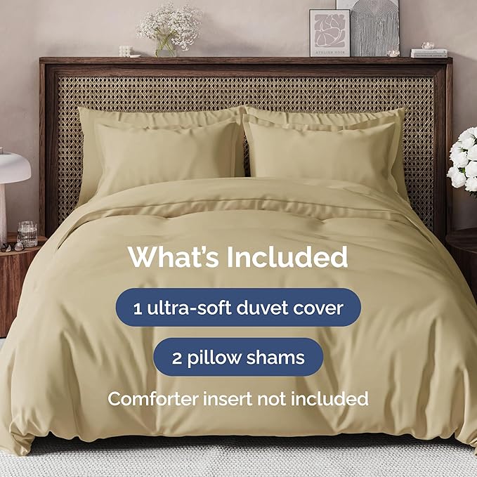 CGK Unlimited Duvet Cover Full Size Set - Extra Soft Full Size Duvet Cover 80 x 90 with 2 Pillow Shams - Hotel Quality Easy Care w/Zipper Closures & Ties - Bedding and Bed Linens Set (Beige)