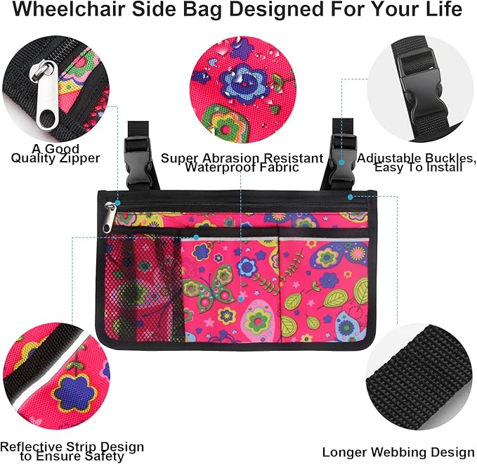 Wheelchair Side Bag, Upgrade Flower Color Wheelchair Armrest Storage Pouch with Cup Holder and Reflective Strip Made with Waterproof Fabric, for Most Wheelchairs, Walkers and Rollators (Red Butterfly)