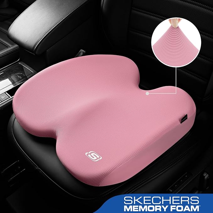 Skechers Seat Cushion, Ergonomic Memory Foam Cushion for Long Sitting Hours on Office & Home Chair, Car Seat Cushion for Sciatica, Coccyx Cushion,Pink