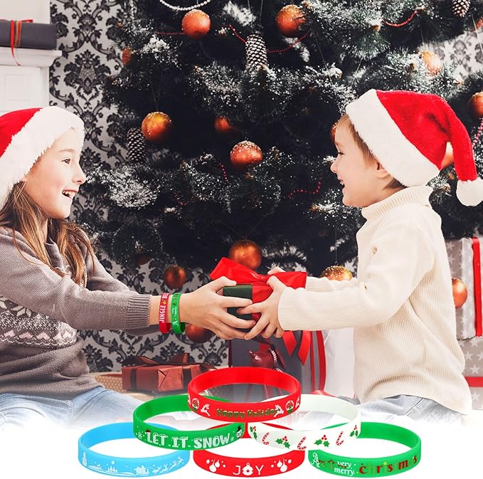 Hiboom 100 Pieces Christmas Silicone Bracelets Bulk Christmas party favors Rubber Wristbands for Adults Holiday Party Decoration Supplies Stocking Stuffers, 10 Styles