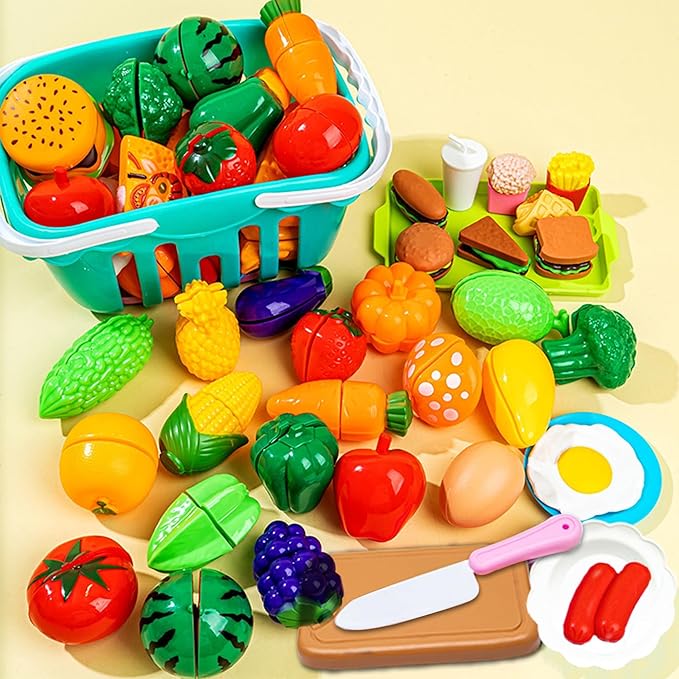 Kids Kitchen Toy Accessories Kitchen Playset Pretend Cooking Play Pots Pans Utensils Cookware Food Fruit Veges Shopping Storage Basket Learning Present for Girls Boys