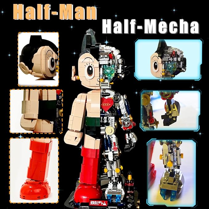 Mech Astro Boy Toy Building Kit,Collectible Mighty Atom Display Model,Half Mech Detail Hand-Made Mech Building Blocks,Gift for Adults and Kids,Compatible with Lego(1258 Pieces)