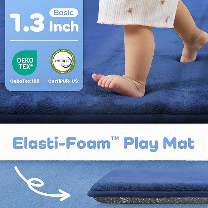 1.3" Thick Baby Floor Play Mat 59x71, Basic Padded Foam Mat for Tummy Time Crawling, Non Slip Cushioned for Babies Toddlers Infants Kids (Blue)