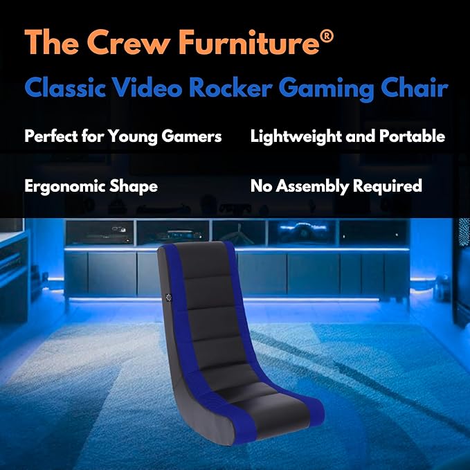 The Crew Furniture Classic Video Rocker Floor Gaming Chair, Kids and Teens, Racing Stripe PU Faux Leather & Polyester Mesh, Black/Blue