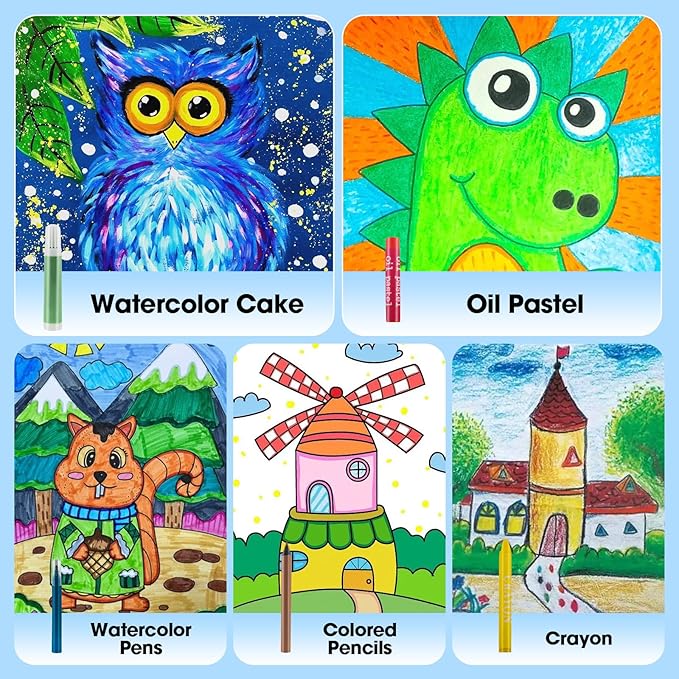 KIDDYCOLOR Kids Art Set, Drawing Art Supplies for Girls & Boys Ages 4-8 with Watercolor Cakes, Oil Pastels, Colored Pencils, Ideal Gift for Young Artist, Black-87pcs
