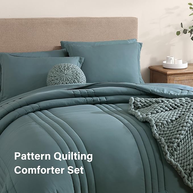 Monbix Oversized Queen Size Comforter Set - 7 Pieces Bed in a Bag, Blue Green Bedding Sets with Comforter, All Seasons Comforter Bed Set with Sheets, Pillowcases & Shams
