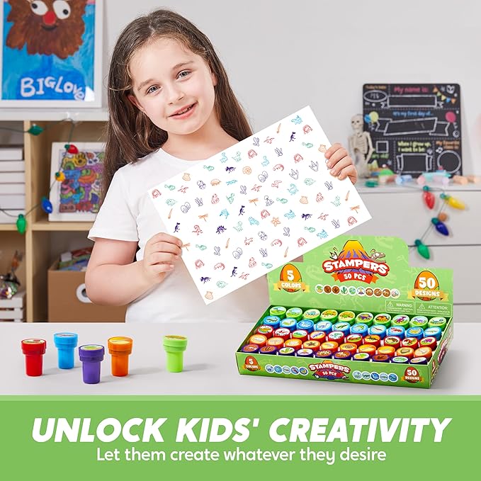 JOYIN 50PCS Dinosaur Stamps for Kids, 50 Different Designs, Fossils, Sea Dinosaurs, Stamps for Dinosaur Party Favor Bags, Easter Egg Stuffers, Halloween, Christmas, Birthday Gift