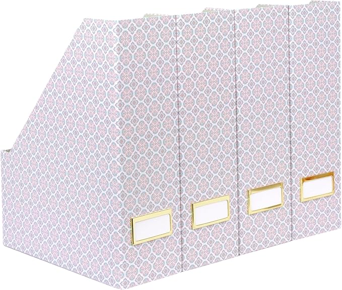 BLU MONACO | Foldable Magazine File Holder Set of 4 | Moroccan Tile Cardboard Organizers | Vertical Desk and Shelf Storage for Home Office Dorm | Decorative File Boxes