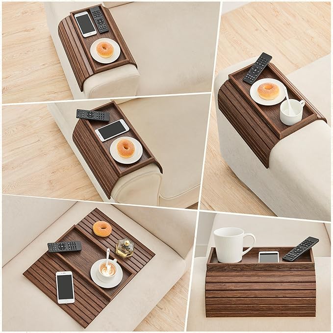 GEHE Bamboo Sofa Arm Tray, Foldable Couch Arm Tray Side Table, Anti-Falling Armrest Tables Cup Holder for Snacks, Drinks, Beers, Phone, Control, Flexible and Portable, Anti-Slip Bottom