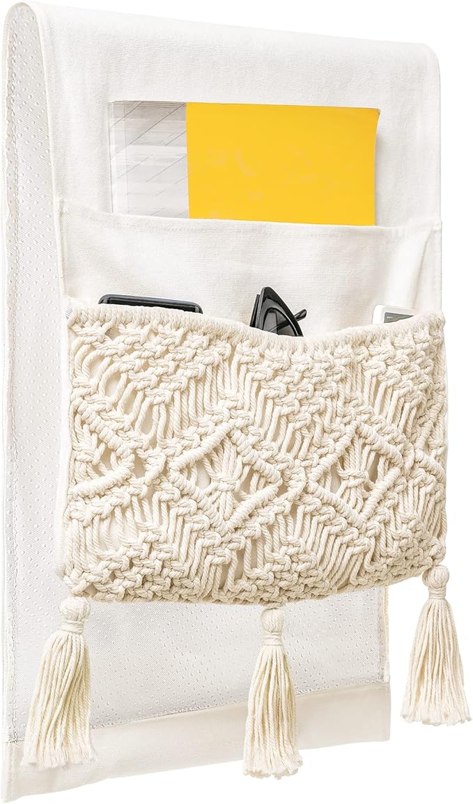 Mkono Macrame Couch Organizer Remote Control Caddy Sofa Armrest Armchair Bedside Storage Holder Bag for TV Remote, Magazine, Books, Cell Phone, iPad, Boho Living Room Home Dorm Decor, Beige