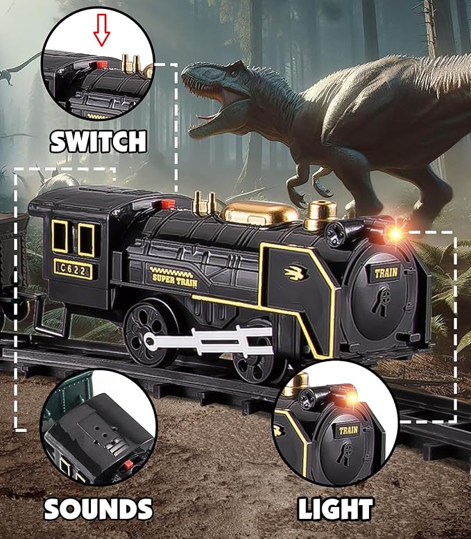 Dinosaur Toy Train Set, Electric Steam Engine with Light & Sound, Include 6 Dino Figures & Accessories, Miniature Animals Toy Cake Topper Bulk Toddler Stocking Stuffers Gift for Ages 3 & Up Boys Girls