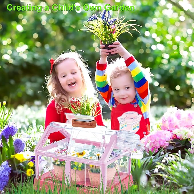Kids Plant Growing Kit Greenhouse Growing Set Terrarium Kit Kids Science Educational DIY Plant Gardening Toy, Living Greenhouse with Solar Panel, Indoor Gardening Kit