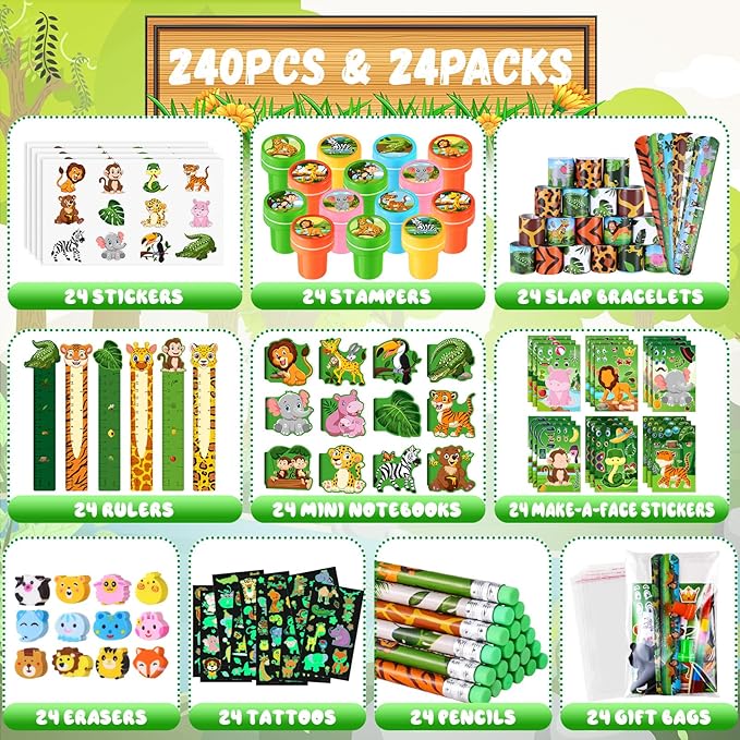 BenLouis 240Pcs Jungle Safari Party Favors Zoo Animals Sticker Stampers Slap Bracelets School Stationery Set Bulk Classroom Prizes for Kids Wild One Party Baby Shower Goodie Bags Fillers
