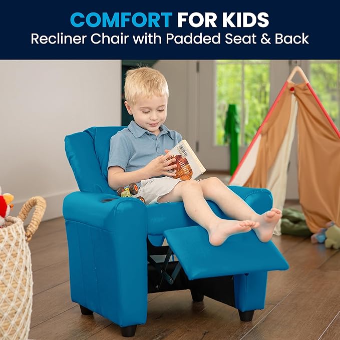 Flash Furniture Vana Vinyl Kids Recliner with Cup Holder, Headrest, and Safety Recline, Contemporary Reclining Chair for Kids, Supports up to 90 lbs., Turquoise