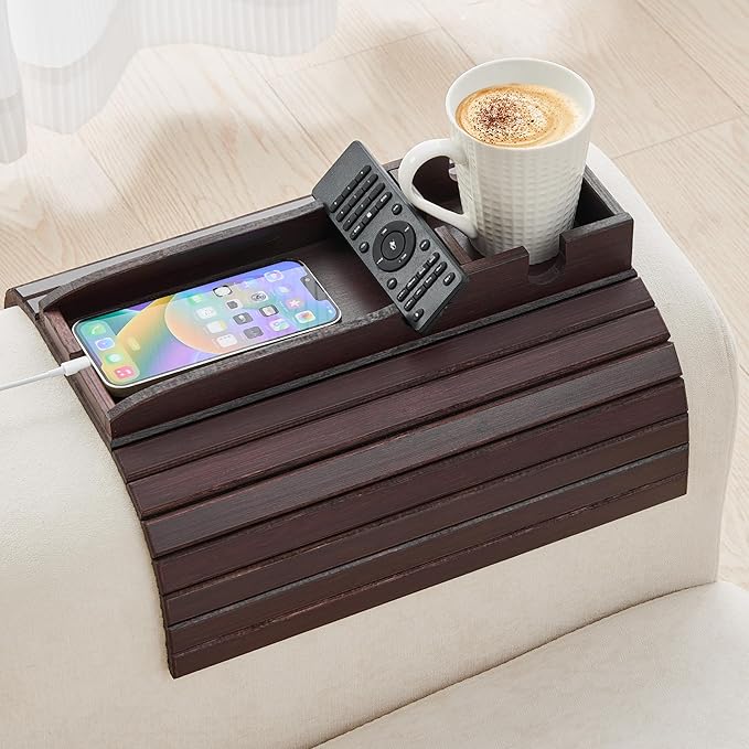 GEHE Bamboo Couch Cup Holder, Anti-Spill Sofa Arm Tray, Natural and Easy to Clean Couch Arm Cup Holder Armrest Tray Perfect for Cups, Beers, Snacks, Remote Control, Drinks