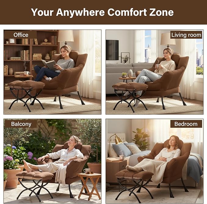 Welnow Lazy Chair with Ottoman, Modern Lounge Accent Armchair with Armrests and a Side Pocket, Leisure Sofa Armchair Set, Reading Chair with Footrest for Small Space, Dark Brown