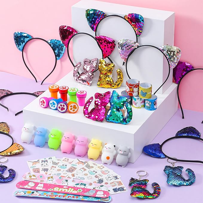 Cat Party Favors Birthday Supplies for Girl Kid Sequin Headband Squishy Toy Keychain Tattoo Sticker Stamper Slap Bracelet Goodie Bag Stuffer Pinata Cat Themed Party Favors Birthday Party Supplies