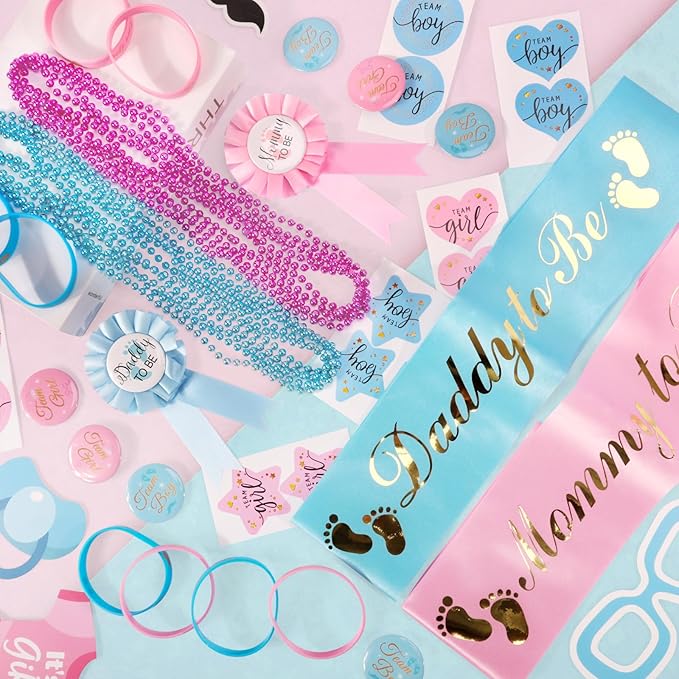 202 Pcs Baby Gender Reveal Party Supplies Favors Boy or Girl, Gender Reveal Ideas Gender Reveal Games Supplies, Baby Gender Reveal Bracelets, Team Boy Girl Button Pins