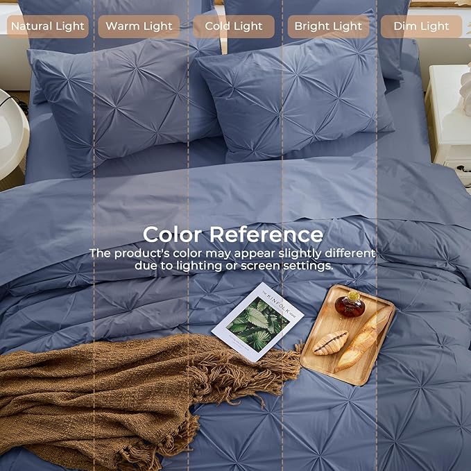 Sasttie Queen Comforter Set, 7-Piece Bed in a Bag, Pintuck Bedding Sets for All Season, Includes Comforter, Flat Sheet, Fitted Sheet, Pillowcases and Pillowshams, Indigo Blue