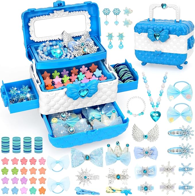 Kids Jewelry Toys for Girls, Toddler Dress Up Toy, Pretend Play Jewelry Set, Princess Jewelry with Snowflake Hair Clips & Hair Ties, for Girls Age 3 4 5 6 7 8 9 10