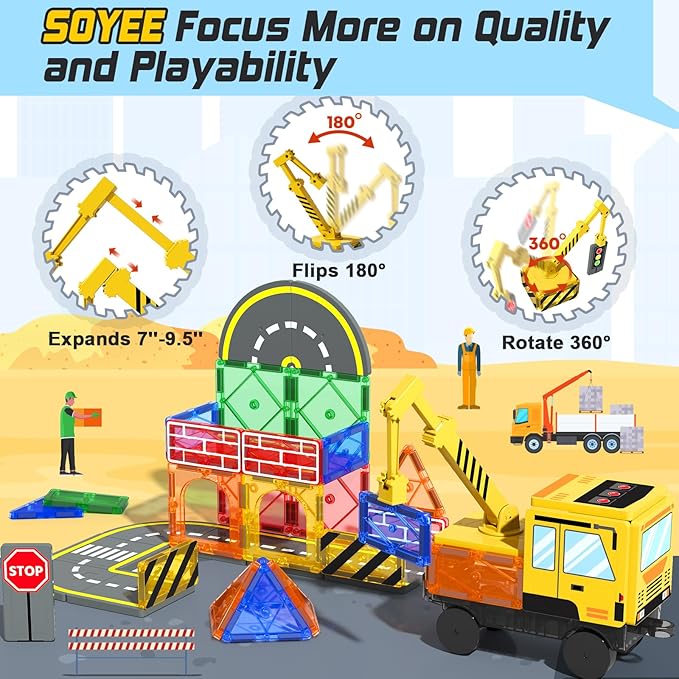 Magnetic Tiles Construction Toys with Crane Road Pieces Truck Magnetic Blocks STEM Building Sensory Toys for Kids 3 4 5 6 7 8 Year Old Boys Birthday Xmas Gifts