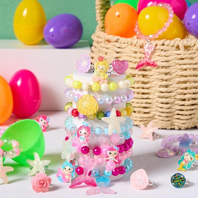 JOYIN 12 Pack Prefilled Easter Eggs with Different Designs of Beads Bracelets and Rings Inside, Jewelry Toys for Easter Basket Stuffers, Kids Egg Hunt, Girls Party Favors, Classroom Prizes Supplies