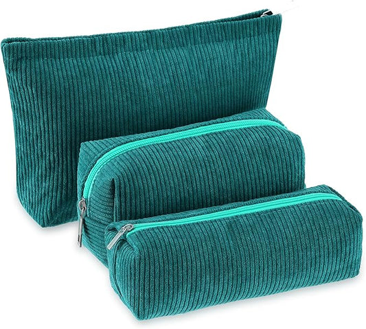 Huhumy 3 Pcs Makeup Bag Set for Women Corduroy Cosmetic Pouch Aesthetic Smile Travel Toiletry Bag Cute Purse Pouch Pencil Case Makeup Brushes Storage Organizer for Valentine(Dark Green,Solid Style)