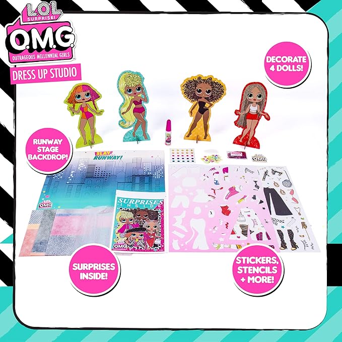 L.O.L. Surprise! LOL OMG Dress Up Studio by Horizon Group USA, Decorate 4 Dolls with Over 100 Accessories, DIY Fashion Craft Kit, Mix & Match Fabrics & Patterns, Use Gemstones, Stickers & More
