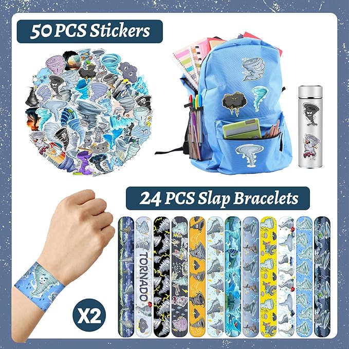 74 PCS Tornado Party Favors, 50 PCS Tornado Stickers 24 PCS Tornado Slap Bracelets Tornado Weather Birthday Party Decorations Supplies for Kids Boys Girls Classroom Rewards