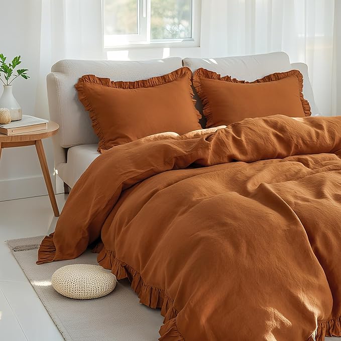 Simple&Opulence 100% Linen Duvet Cover Set, 3 PCS Natural French Flax Rust Ruffle Duvet Cover King Size, Breathable Comfy Linen Bedding Comforter Cover with 2 Pillowcases (Rust, 104" X 92")