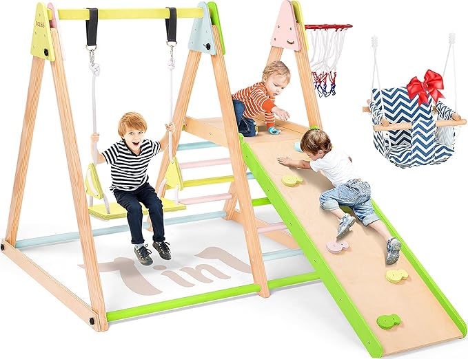 7 in 1 Indoor Jungle Gym for Kids, Foldable Toddler Indoor Playground with Slide, Beechwood & Baby Swing, Climbing Wall & Ladder, Wooden Climbing Toys Playset Gifts for Kids (Multicolor)