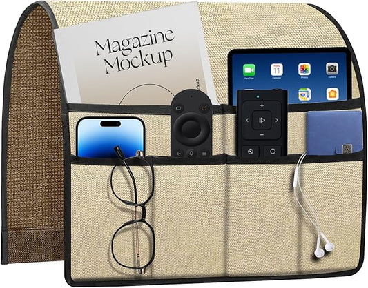 Remote Holder for Recliner Armchair & Couch, Non Slip Sofa Armrest Organizer Caddy with 6 Pockets Thick Linen Fabric Storage for Tablet, Phone, iPad, Magazine, 19x35 Inches, Natural