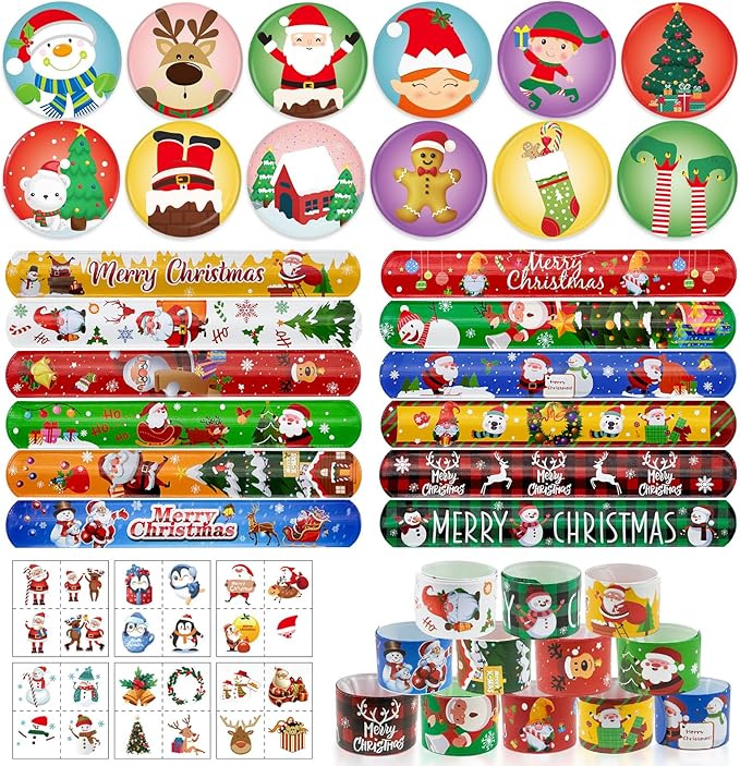 Cinrobiye 144pcs Christmas Slap Bracelets Button Pins Tattoo Stickers Christmas Snap Bracelets Xmas Badges Party Favors Supplies for Holiday School Reward Goodie Bag Stocking Stuffers Fillers(Set 1)