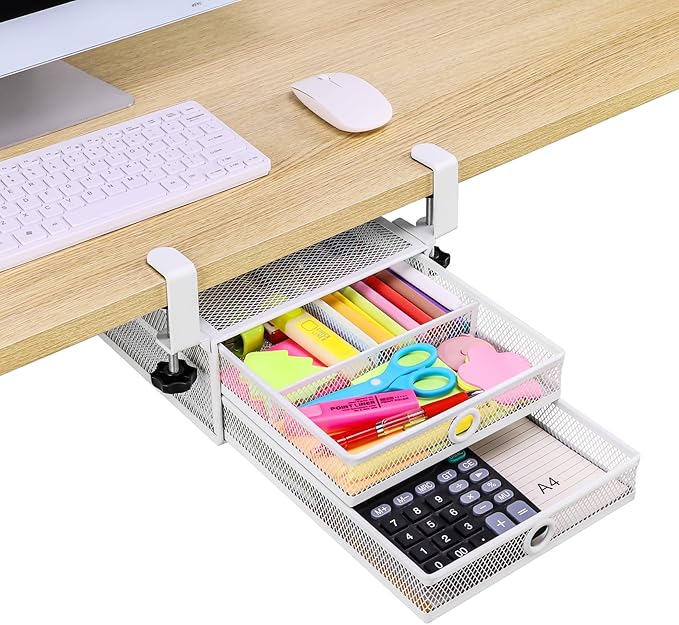 ROSYLINE Under Desk & Desktop Drawer Organizer - 2-Tier Metal Slide Out Drawers Organizer, Storage for Home Office Desk (White)