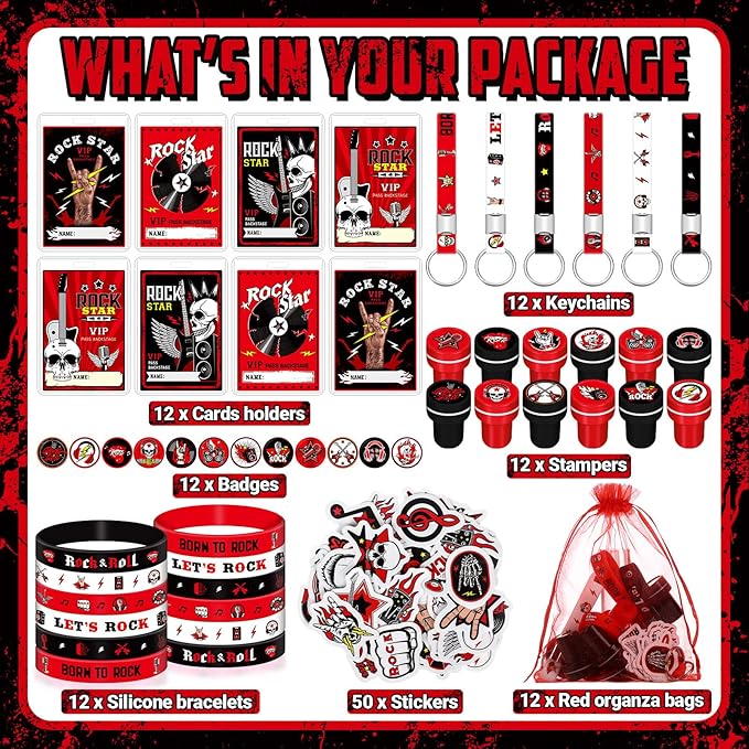 Blosssound 122 Pcs Rock and Roll Party Favors with Rock Star Silicone Bracelets VIP Pass Badges Stampers Keychains Stickers Let's Rock Birthday Party Supplies for 80s 90s Rock Music Party Decorations