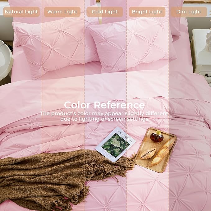 Sasttie King Size Comforter Set, 7-Piece Bed in a Bag, Pintuck Bedding Sets for All Season, Includes Comforter, Flat Sheet, Fitted Sheet, Pillowcases and Pillowshams, Baby Pink