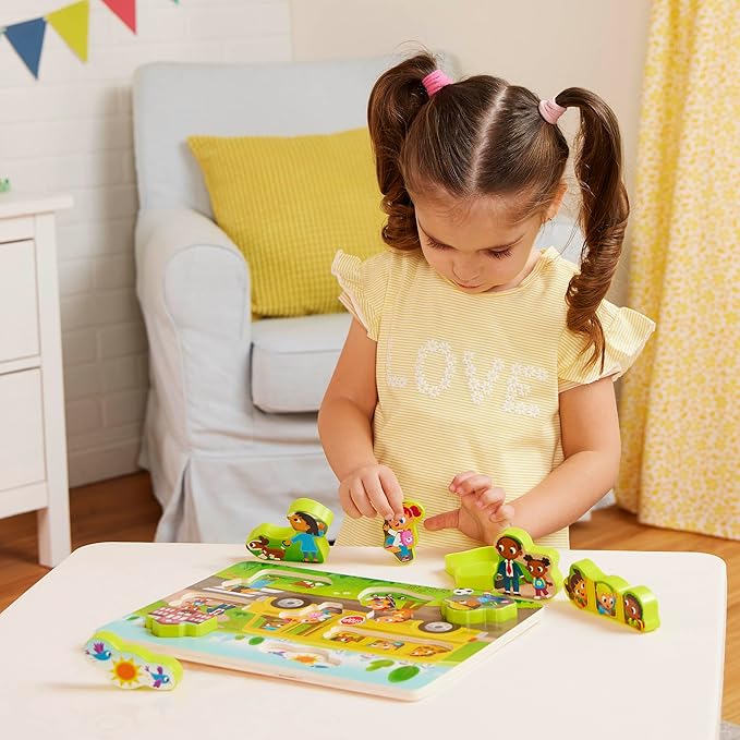 B. toys- Peek & Explore 4-Pack: Bus, Sea, Space, Dino- Chunky Puzzle 4-Pack – Wooden Puzzles – Sea, Space, Bus, Dinos – 8 Pieces Each – 2 Years +