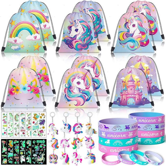 12 Sets Unicorn Party Favors Birthday Supplies for Girls Kids, Drawstring Bag Silicone Bracelet Tattoo Sticker Keychain Unicorn Pinata Filler Goodie Bag Stuffers Unicorn Birthday Party Supplies