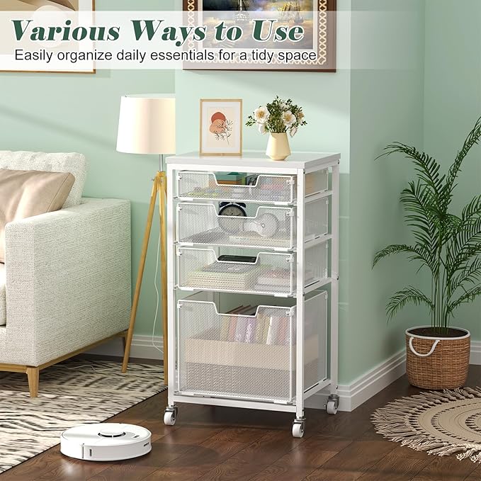 4 Drawer Rolling File Cart with Wheels, Mobile Filing Cabinet for Home Office, Hanging File Organizer, Under Desk Storage, Multifunctional Utility Cart Printer Stand, White (Patent Pending)