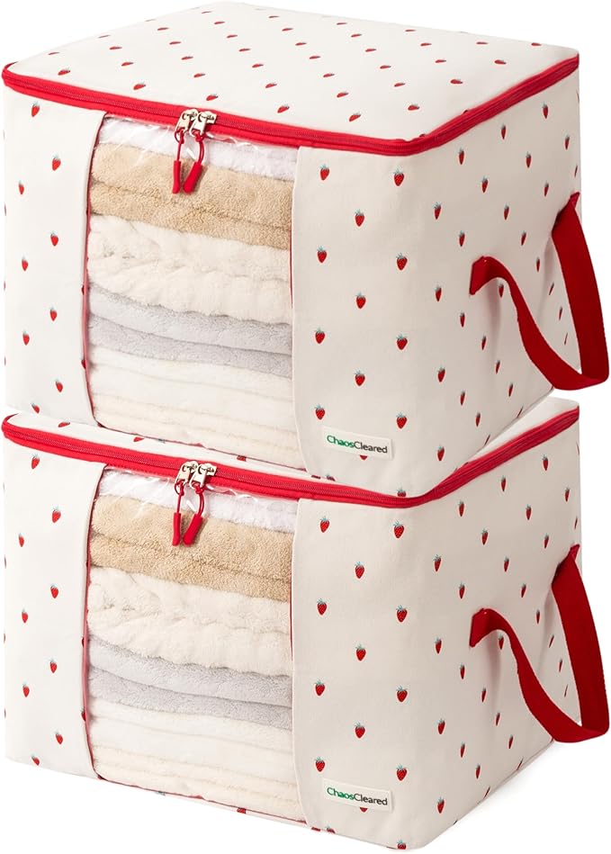 Canvas Storage Bags Designer Organizer 2 Pack – Seasonal Storage for Sweaters, Blankets, Linens & Garments – Foldable Design with Zip & Window, Moth-Proof Space Saver, Strawberry Print