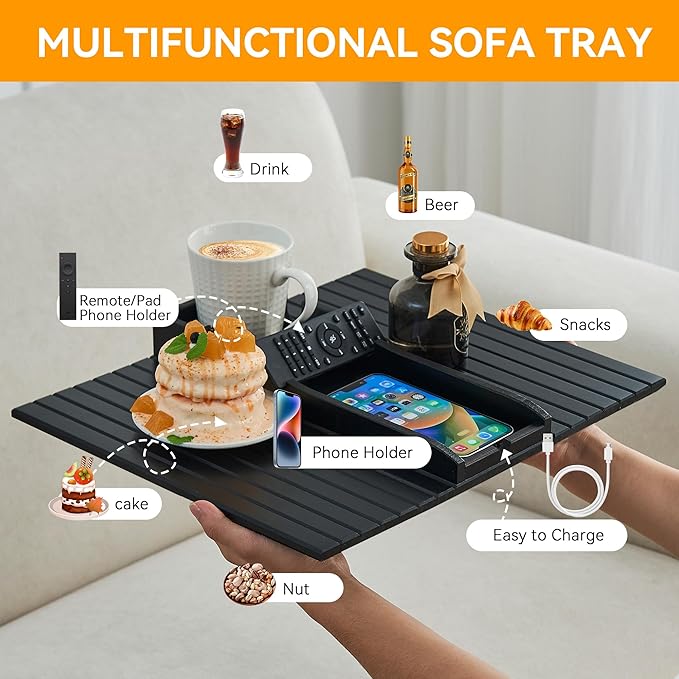 GEHE Bamboo Couch Cup Holder, Anti-Spill Sofa Arm Tray, Natural and Easy to Clean Couch Arm Cup Holder Armrest Tray Perfect for Cups, Beers, Snacks, Remote Control, Drinks