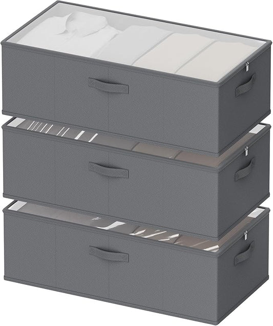 Chizjox 10inch 3 Pack Under Bed Storage Containers, 10 Inch Tall Underbed Clothes Storage Organizer Bin with Clear Window，Foldable Box Basket for Clothes, Closet, Bed Sheets and Blankets Gray