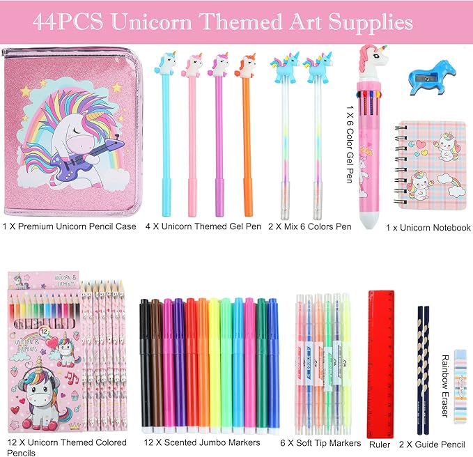Fruit Scented Markers Set 44 Pcs Filled Stationery with Unicorn Pencil Case,Art Supplies for Kids Ages 4-6-8, Perfect Unicorn Gifts for Girls,Assortment Marker Pencil Gel Pen Coloring