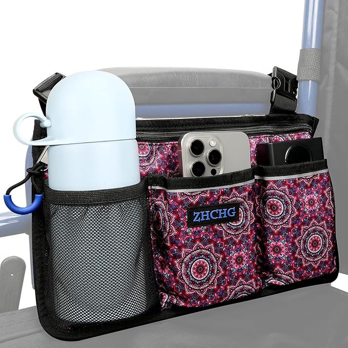 Wheelchair Side Bag, Wheelchair Armrest Pouch Accessories with Cup Holder, Storage Bag for Walker, Rollator, Electric Scooter Wheelchairs, Ideal Gift for Mother's Day & Father's Day, Red