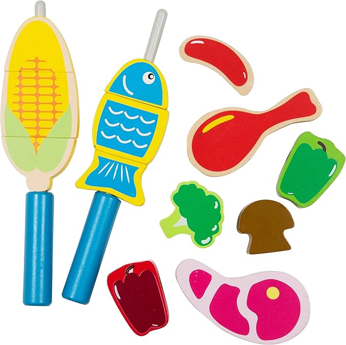 Cook 'N Grill Wood Toy BBQ Set- Pretend Play Wooden Barbeque Food & Grilling Tools for Kids, 30+ Pieces Feat Spatula, Burger & More, Fun Indoor Activity Playset, Daycare, Playroom Centers or Gift