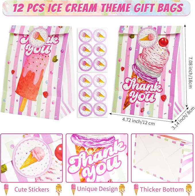 Erweicet Ice Cream Party Favors 72 PCS Ice Cream Slap Bracelets Pen DIY Stickers Straws Tattoo Stickers Gift Bags for Kids Girls Ice Cream Theme Birthday Party Gift Giving Sweet Summer Baby Shower